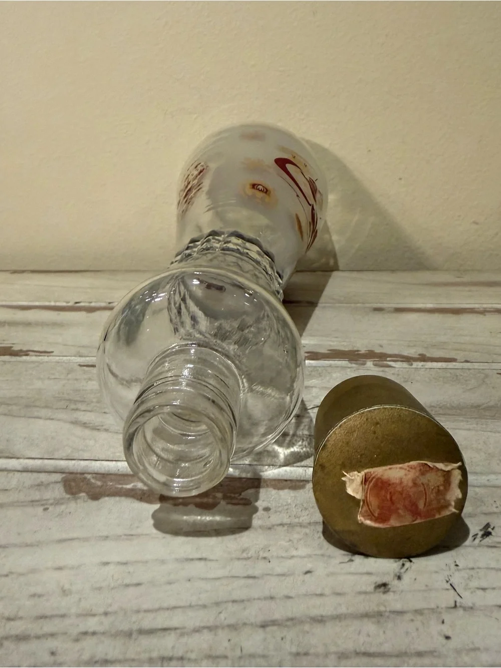 Vintage Frosted Glass Decanter Russian Troika Sleigh Gold Red Barware